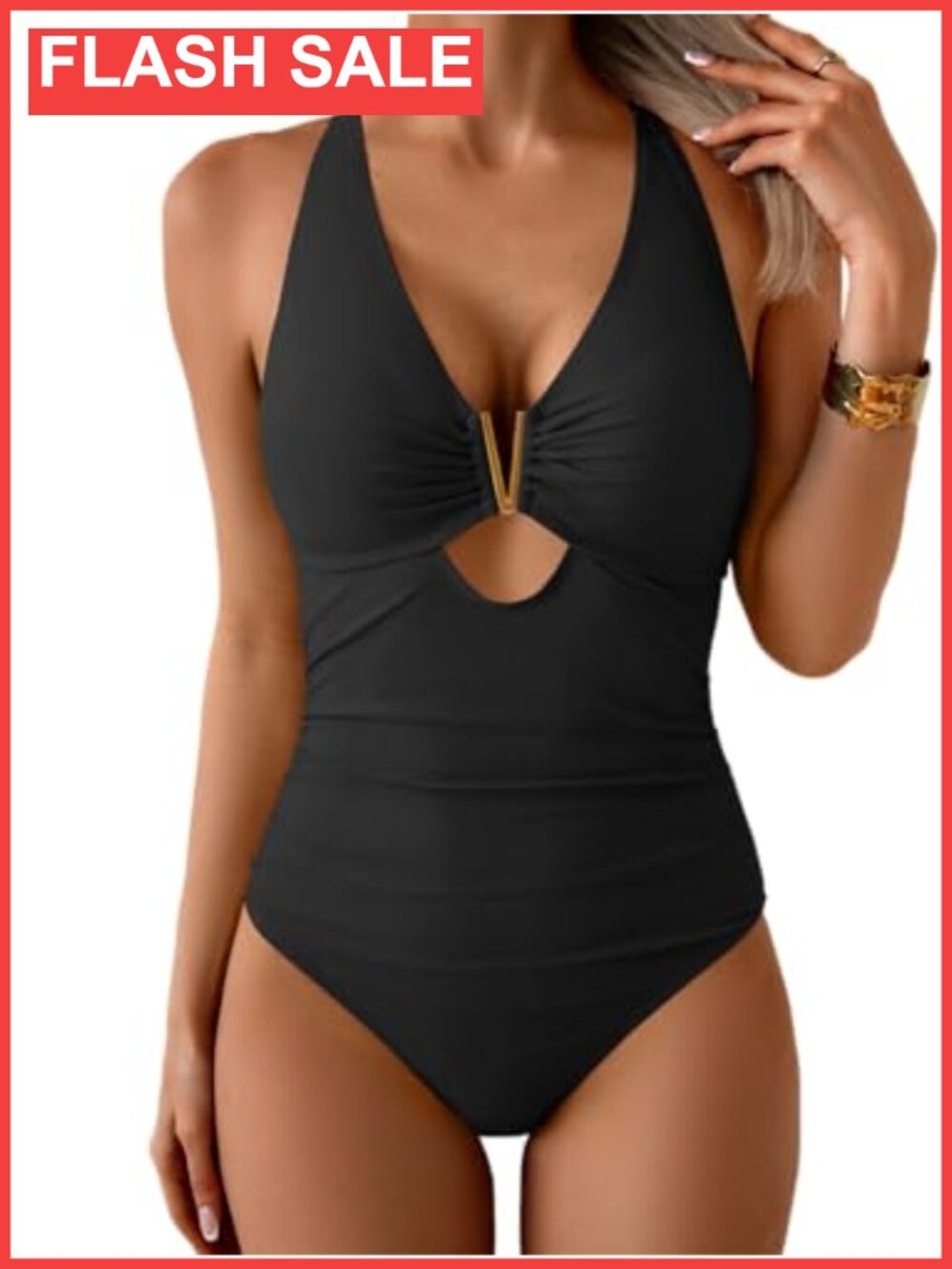 Women's V-Neck One Piece Swimsuit Tummy Control Ruched Gold Detail